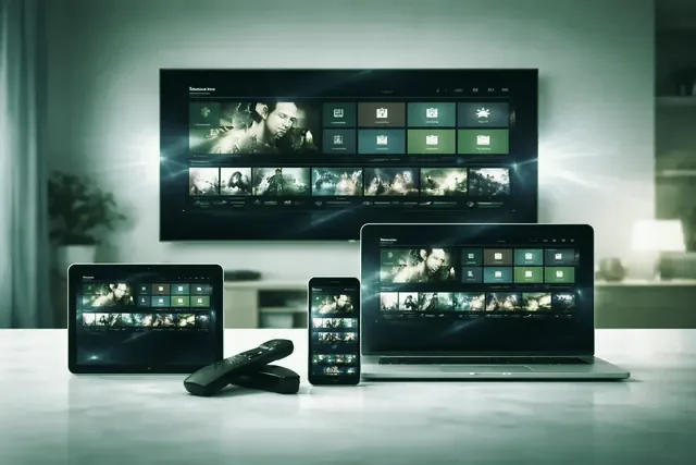 The same IPTVGREAT login open on a television, a laptop, a tablet and a phone