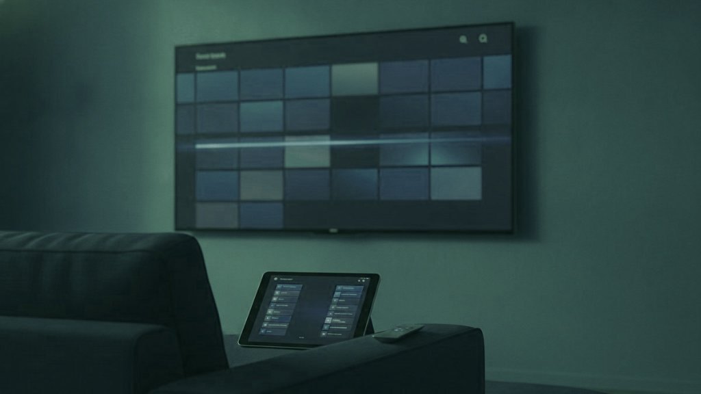 A TV showing a programme guide grid with a tablet and phone showing channel lists on a sofa