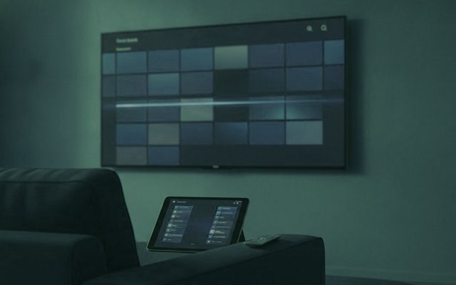 A TV showing a programme guide grid with a tablet and phone showing channel lists on a sofa