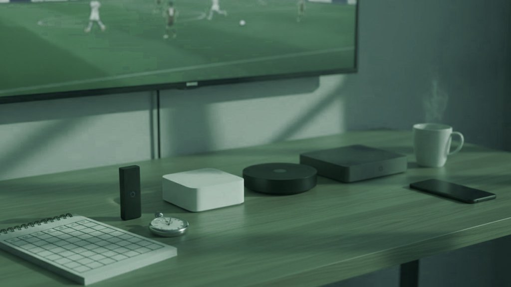 Five streaming devices, a notebook scoring grid and a stopwatch in front of a TV showing a football match