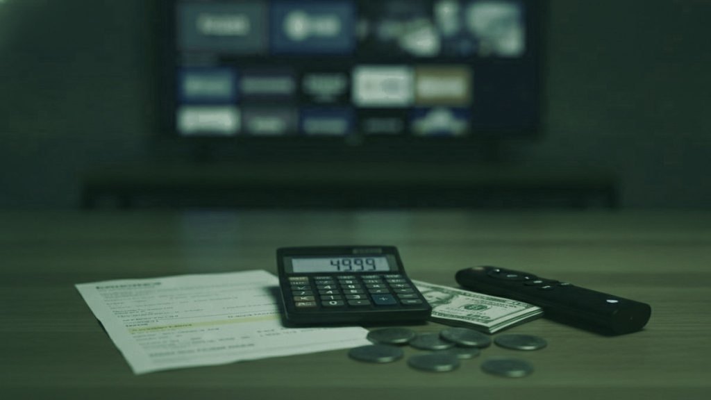 A calculator, dollar bills, coins, a streaming stick and a remote on a table in front of a TV