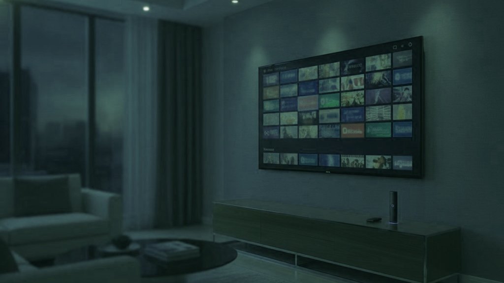 A living-room TV showing an IPTV channel guide with a streaming stick on the console