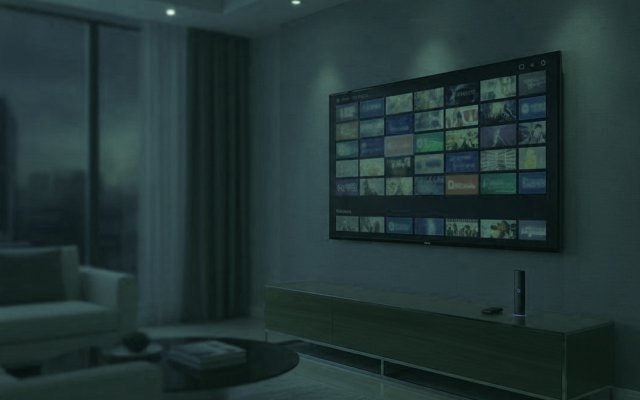 A living-room TV showing an IPTV channel guide with a streaming stick on the console